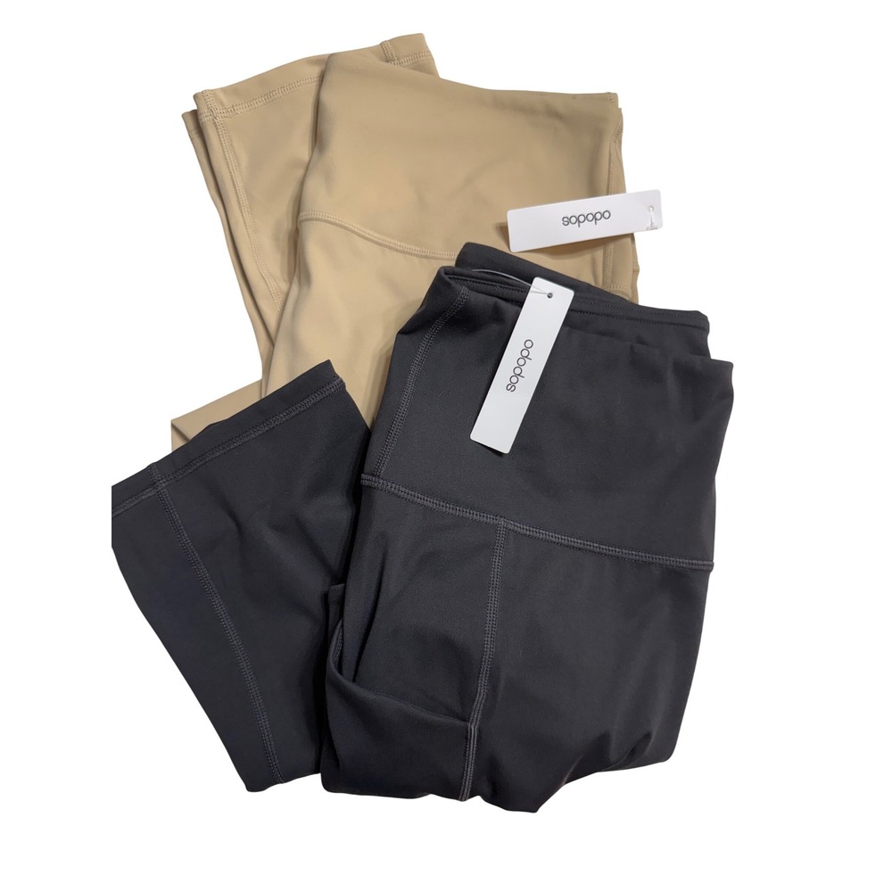 NEW Cropped Yoga Leggings Black Tan Excellent High Rise Media Pockets XL 2PK